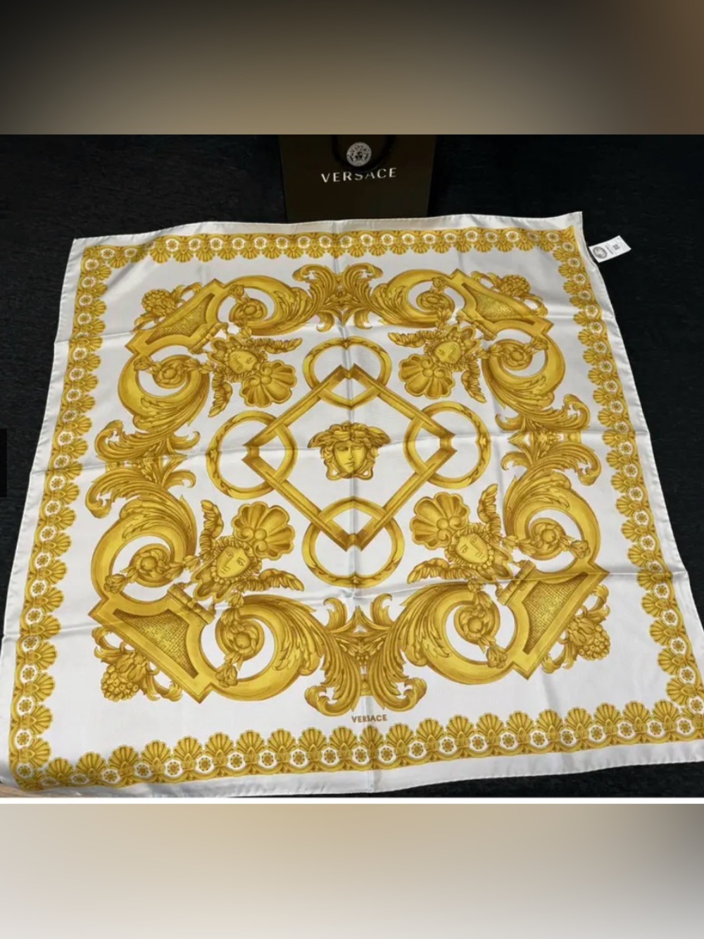 Versace White and Gold Baroque Silk Motif Scarf